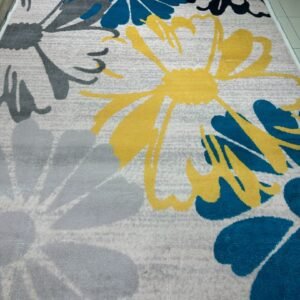 Azure Bloom Modern Floral China Rug – Teal, Yellow & Grey, 6.5 × 9.5 ft | Soft 10mm Polyester Carpet