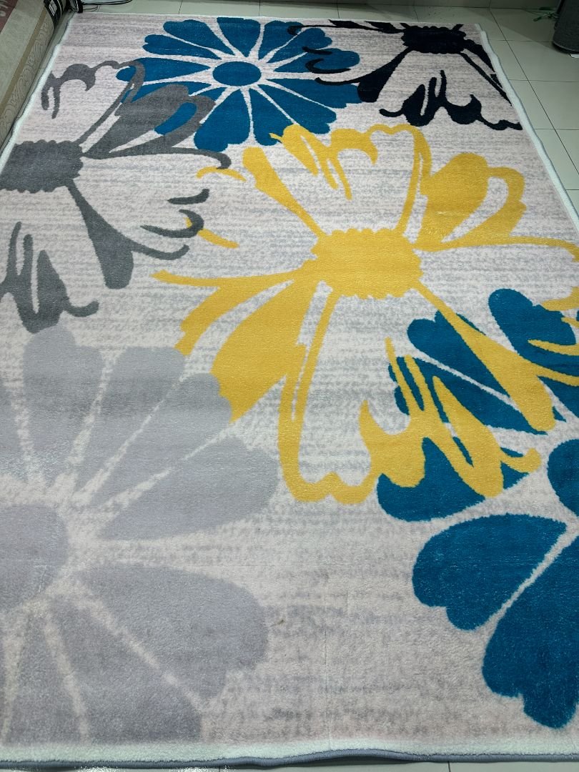 Azure Bloom Modern Floral China Rug – Teal, Yellow & Grey, 6.5 × 9.5 ft | Soft 10mm Polyester Carpet