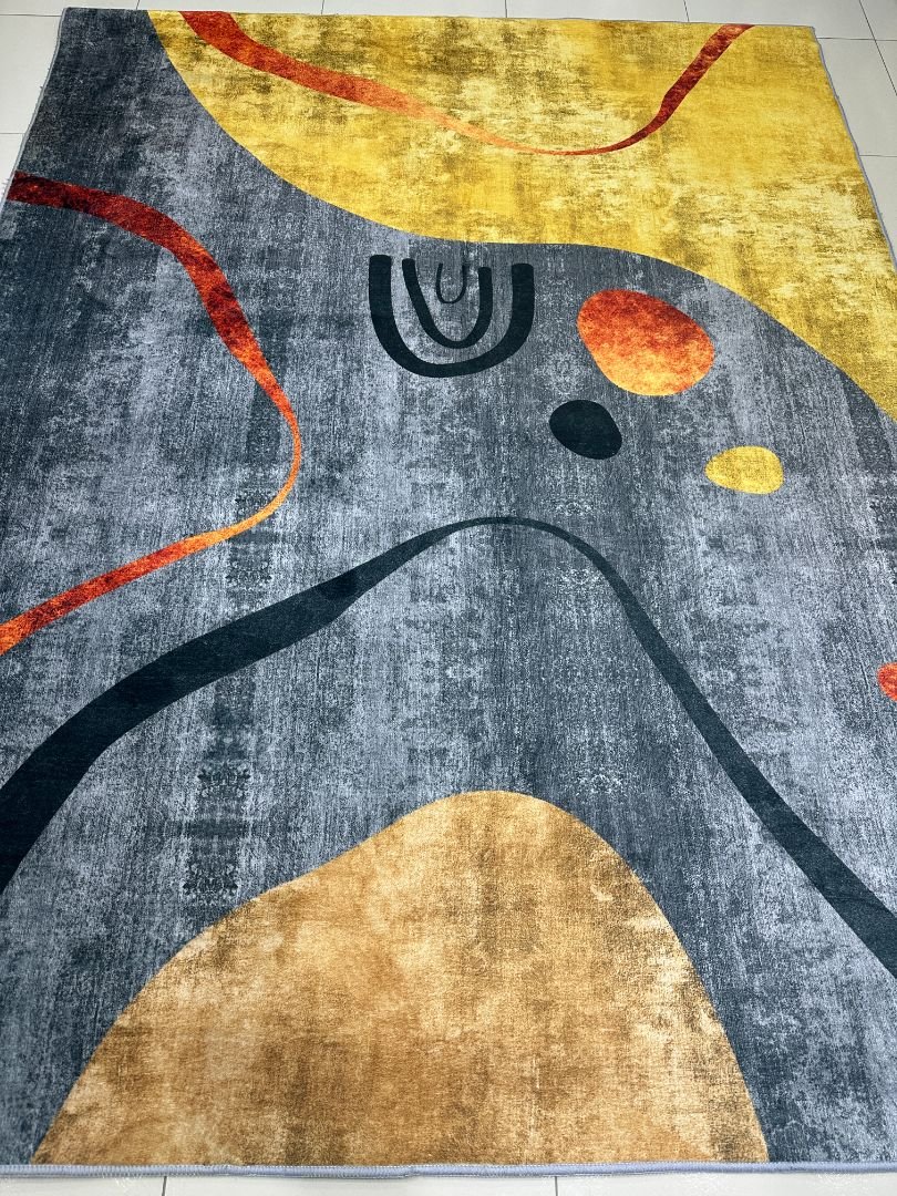 Amber Rhythm Modern Abstract China Rug – Grey, Mustard & Terracotta, 5 × 7 ft | Soft 8mm Low-Pile Carpet