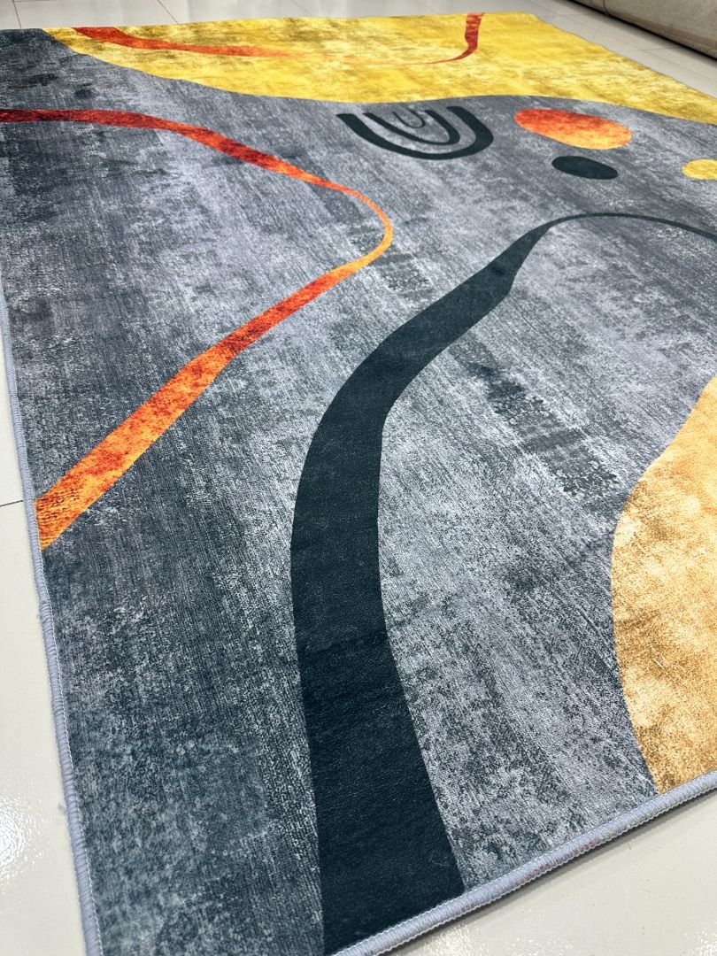Amber Rhythm Modern Abstract China Rug – Grey, Mustard & Terracotta, 5 × 7 ft | Soft 8mm Low-Pile Carpet - Image 2