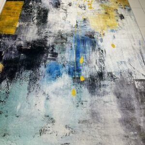 Azure Gold Canvas Abstract China Rug – Blue, Grey & Mustard, 6 × 9 ft | Soft 8mm No-Pile Carpet