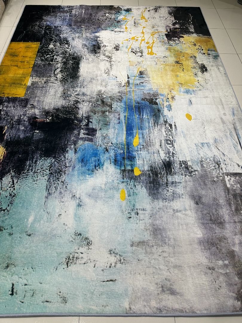 Azure Gold Canvas Abstract China Rug – Blue, Grey & Mustard, 6 × 9 ft | Soft 8mm No-Pile Carpet