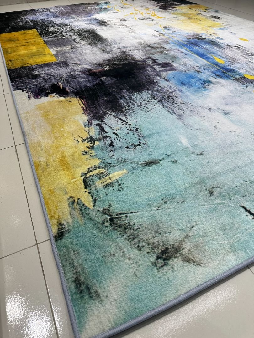 Azure Gold Canvas Abstract China Rug – Blue, Grey & Mustard, 6 × 9 ft | Soft 8mm No-Pile Carpet - Image 2