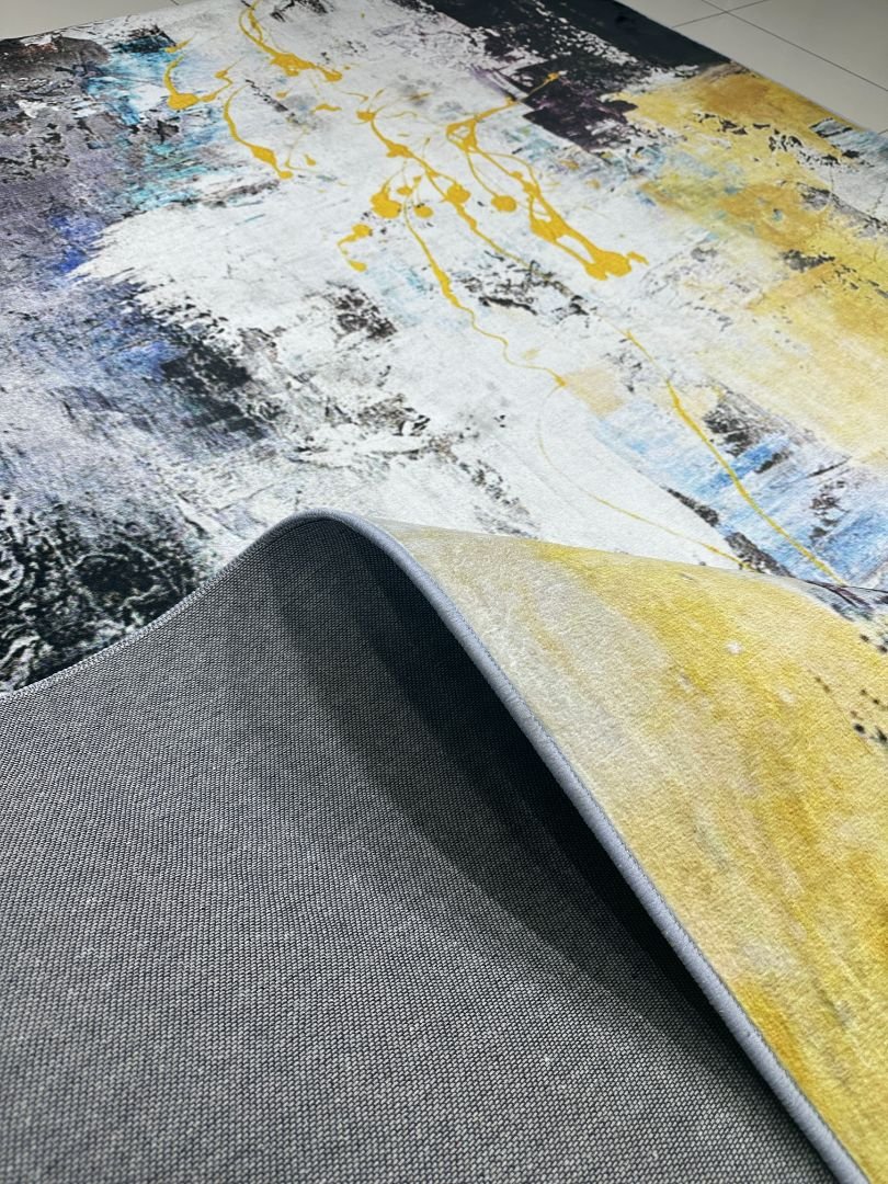 Azure Gold Canvas Abstract China Rug – Blue, Grey & Mustard, 6 × 9 ft | Soft 8mm No-Pile Carpet - Image 3