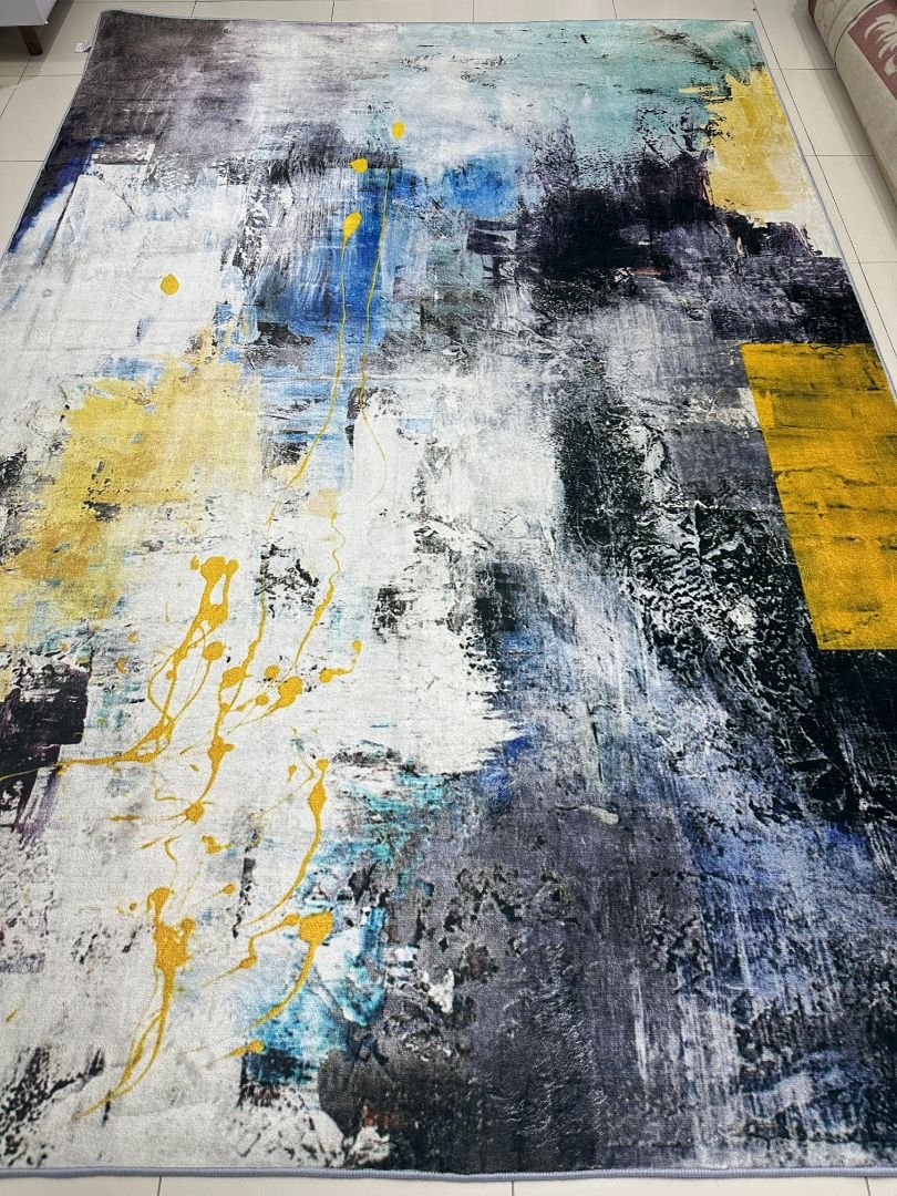 Azure Gold Canvas Abstract China Rug – Blue, Grey & Mustard, 6 × 9 ft | Soft 8mm No-Pile Carpet - Image 4