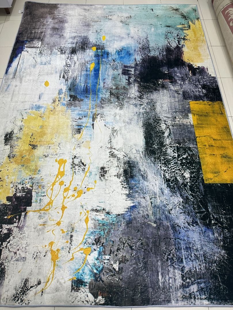 Azure Gold Canvas Abstract China Rug – Blue, Grey & Mustard, 6 × 9 ft | Soft 8mm No-Pile Carpet - Image 5