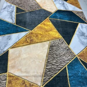 Sapphire Prism Modern Geometric China Rug – Teal, Gold & Grey, 6 × 9 ft | Soft 10mm Lightweight Carpet