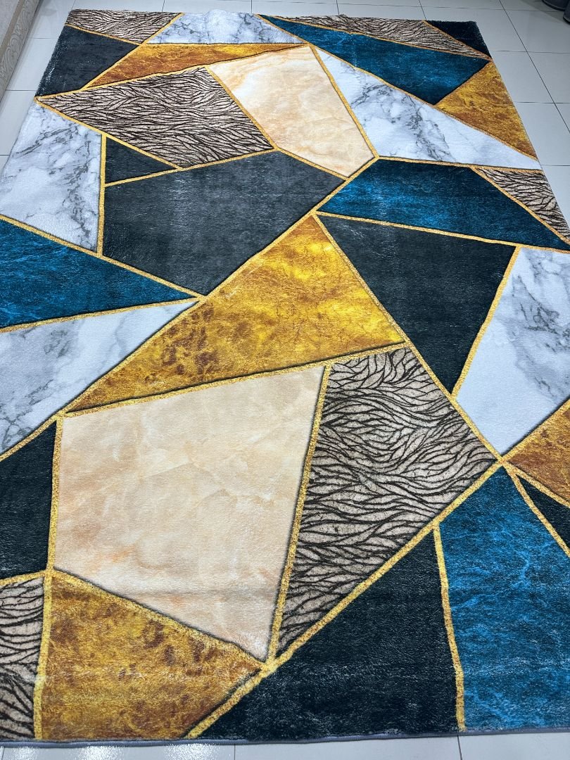 Sapphire Prism Modern Geometric China Rug – Teal, Gold & Grey, 6 × 9 ft | Soft 10mm Lightweight Carpet