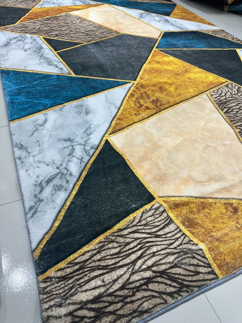 Sapphire Prism Modern Geometric China Rug – Teal, Gold & Grey, 6 × 9 ft | Soft 10mm Lightweight Carpet - Image 2
