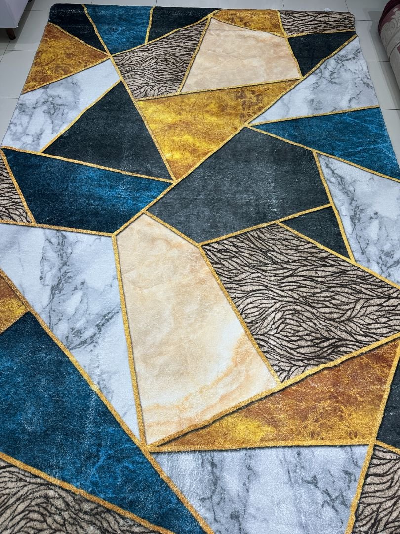 Sapphire Prism Modern Geometric China Rug – Teal, Gold & Grey, 6 × 9 ft | Soft 10mm Lightweight Carpet - Image 4