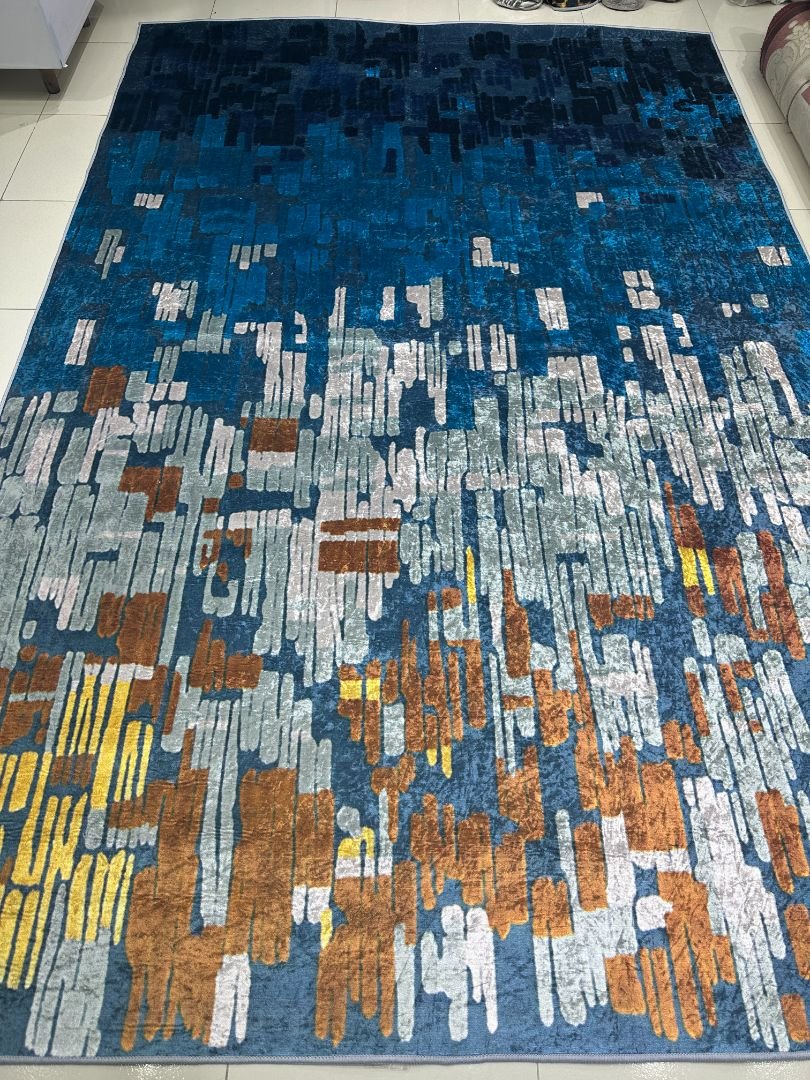 Sapphire Mosaic Abstract China Rug – Blue & Rust, 6 × 9 ft | Lightweight Washable No-Pile Polyester Carpet - Image 2