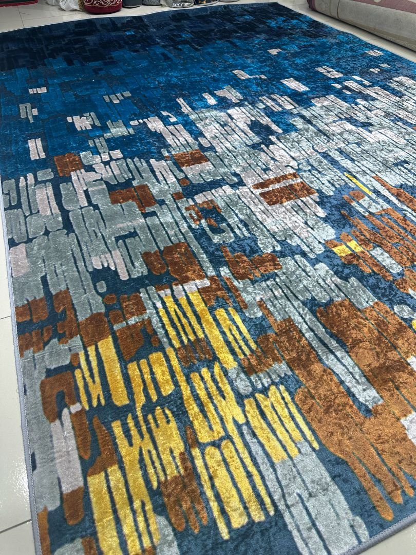 Sapphire Mosaic Abstract China Rug – Blue & Rust, 6 × 9 ft | Lightweight Washable No-Pile Polyester Carpet - Image 3