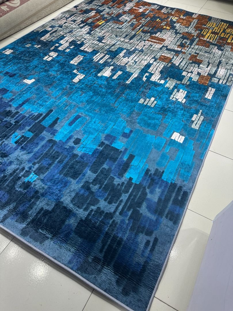 Sapphire Mosaic Abstract China Rug – Blue & Rust, 6 × 9 ft | Lightweight Washable No-Pile Polyester Carpet - Image 4