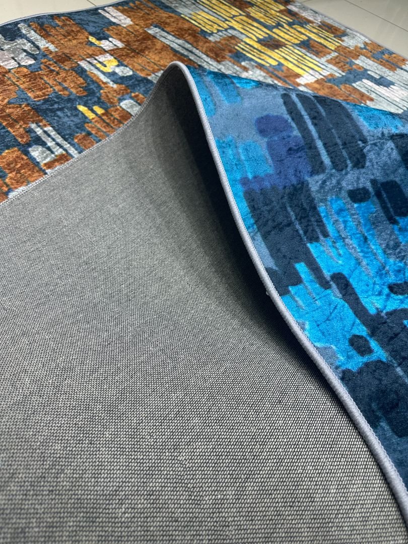 Sapphire Mosaic Abstract China Rug – Blue & Rust, 6 × 9 ft | Lightweight Washable No-Pile Polyester Carpet - Image 5
