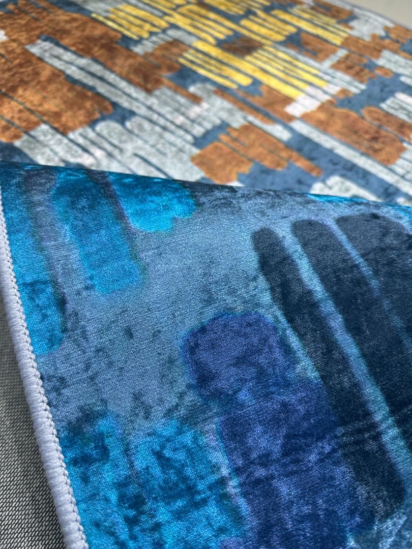 Sapphire Mosaic Abstract China Rug – Blue & Rust, 6 × 9 ft | Lightweight Washable No-Pile Polyester Carpet - Image 6