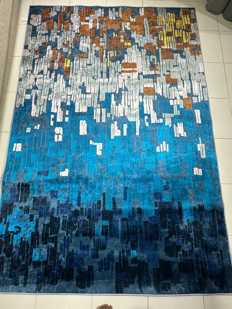 Sapphire Mosaic Abstract China Rug – Blue & Rust, 6 × 9 ft | Lightweight Washable No-Pile Polyester Carpet