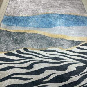 Azure Savannah Modern Abstract China Rug – Blue, Grey & Zebra Stripes, 6 × 9 ft | Washable 6mm Low-Pile Polyester Carpet