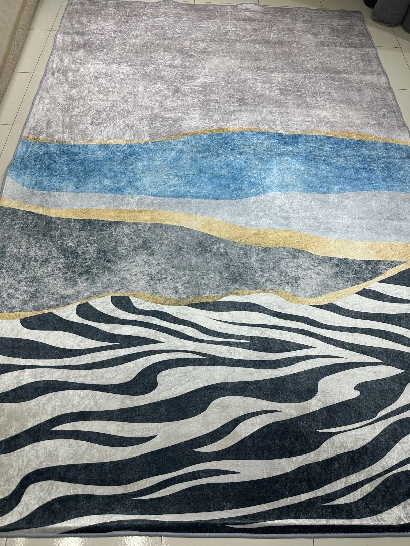 Azure Savannah Modern Abstract China Rug – Blue, Grey & Zebra Stripes, 6 × 9 ft | Washable 6mm Low-Pile Polyester Carpet