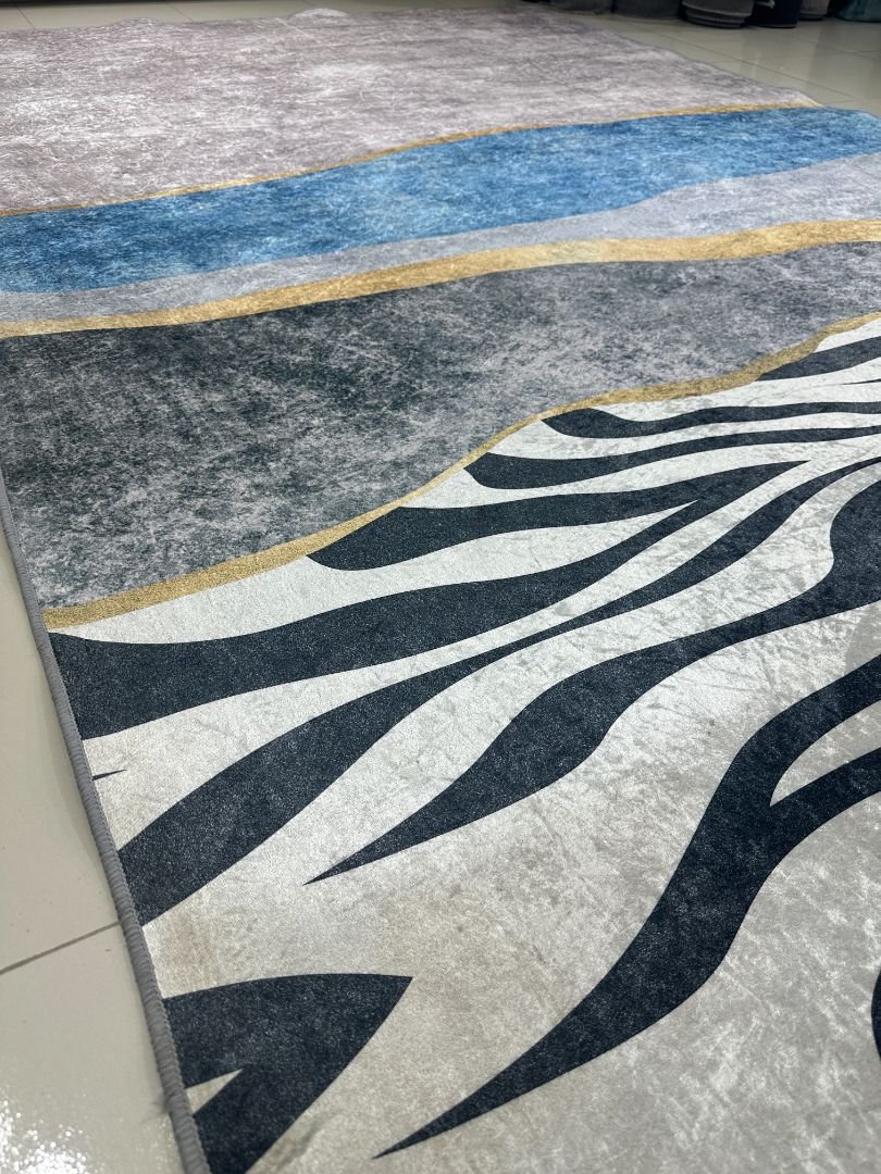 Azure Savannah Modern Abstract China Rug – Blue, Grey & Zebra Stripes, 6 × 9 ft | Washable 6mm Low-Pile Polyester Carpet - Image 2