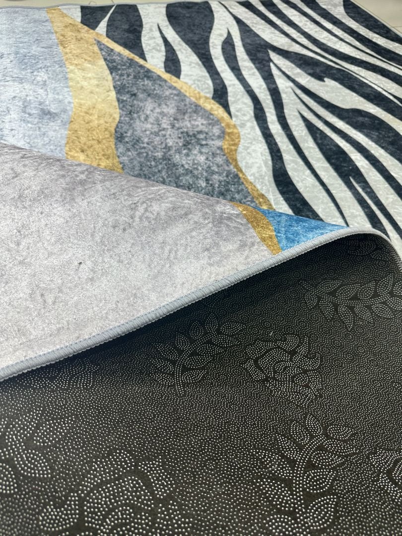 Azure Savannah Modern Abstract China Rug – Blue, Grey & Zebra Stripes, 6 × 9 ft | Washable 6mm Low-Pile Polyester Carpet - Image 5