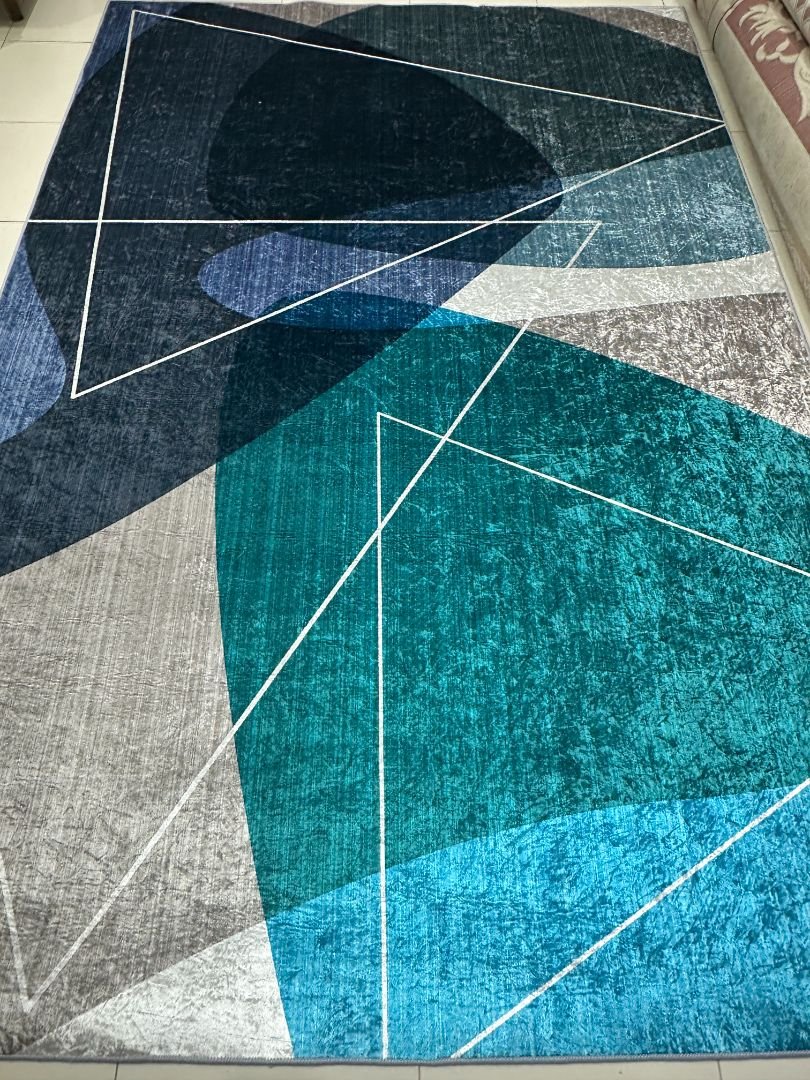 Teal Horizon Modern Geometric China Rug – Teal, Navy & Grey, 6 × 9 ft | Washable 8mm Polyester Carpet