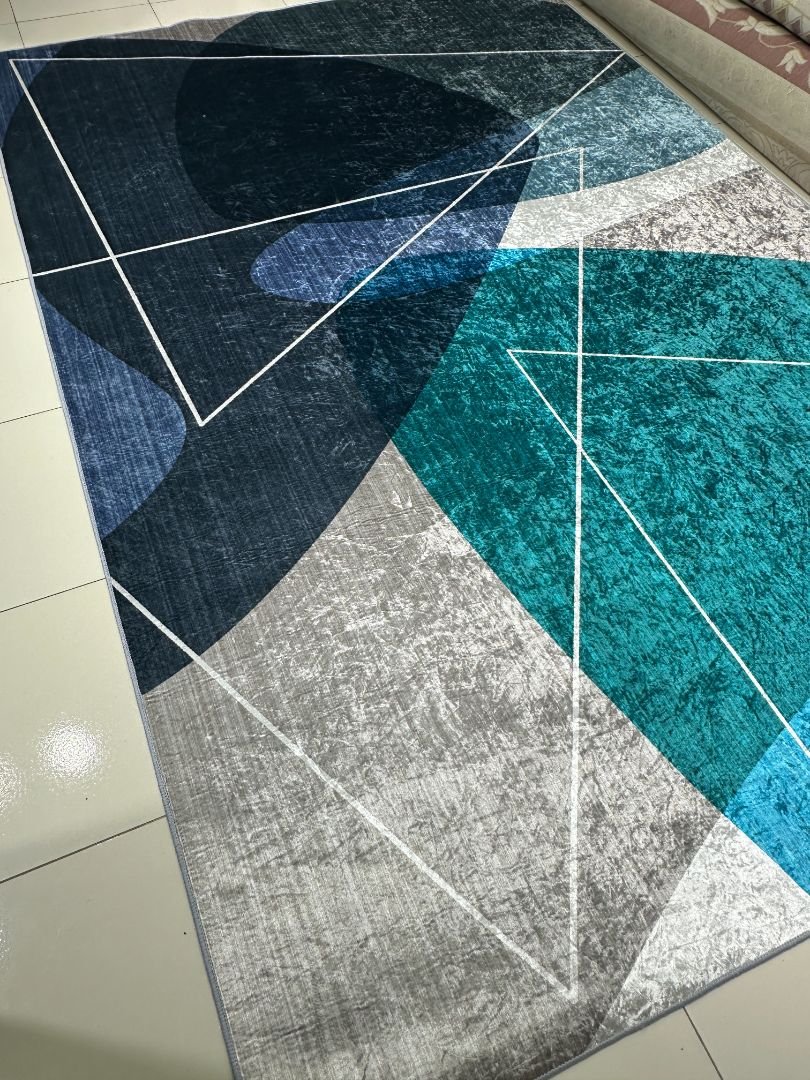 Teal Horizon Modern Geometric China Rug – Teal, Navy & Grey, 6 × 9 ft | Washable 8mm Polyester Carpet - Image 2