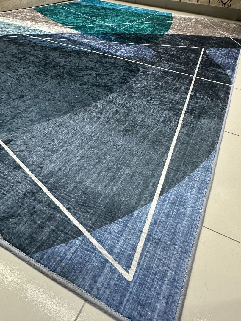 Teal Horizon Modern Geometric China Rug – Teal, Navy & Grey, 6 × 9 ft | Washable 8mm Polyester Carpet - Image 4