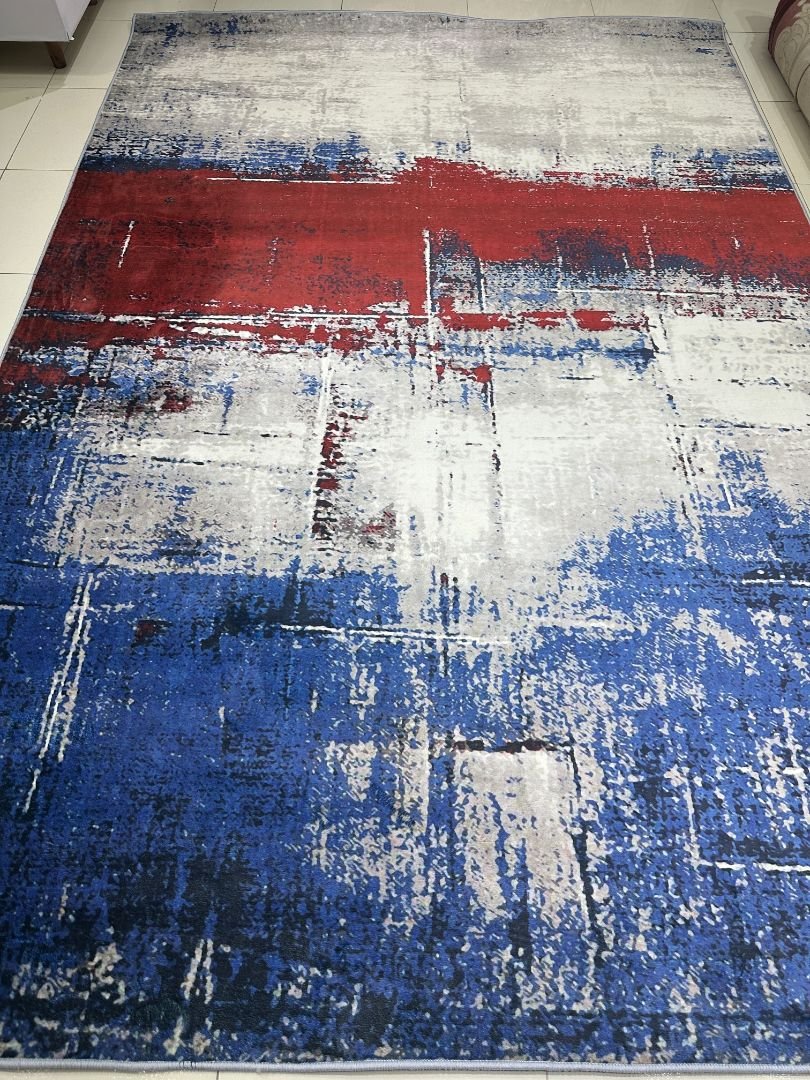 Crimson Tide Abstract China Rug – Blue, Red & Ivory, 6 × 9 ft | Velvety Soft 8mm Washable Polyester Carpet