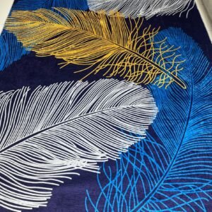 Sapphire Plume Feather-Design China Rug – Navy, Blue & Gold, 6 × 9 ft | 6–7mm No-Pile Polyester Carpet