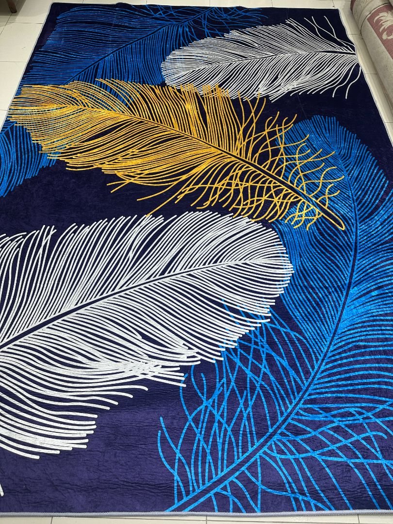 Sapphire Plume Feather-Design China Rug – Navy, Blue & Gold, 6 × 9 ft | 6–7mm No-Pile Polyester Carpet