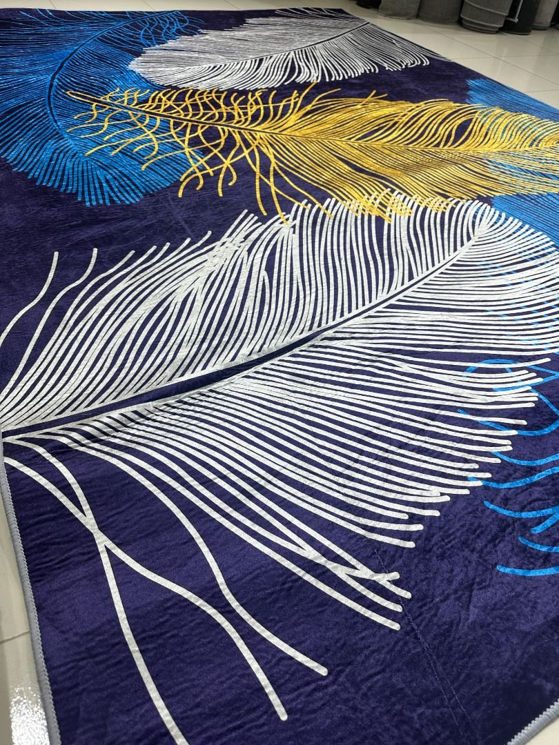 Sapphire Plume Feather-Design China Rug – Navy, Blue & Gold, 6 × 9 ft | 6–7mm No-Pile Polyester Carpet - Image 3